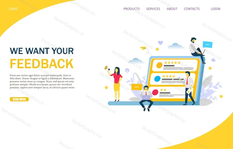 Feedback vector website template, web page and landing page design for website and mobile site development. Online review, customer relationship management concept.