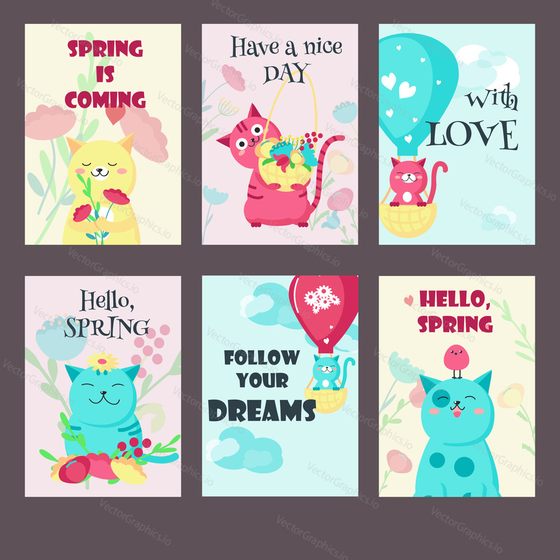 Vector set of spring cards with cute cats and inspirational quotations. Happy kittens flying on hot air ballon, holding basket full of flowers, with bird on head and bunches of flowers.