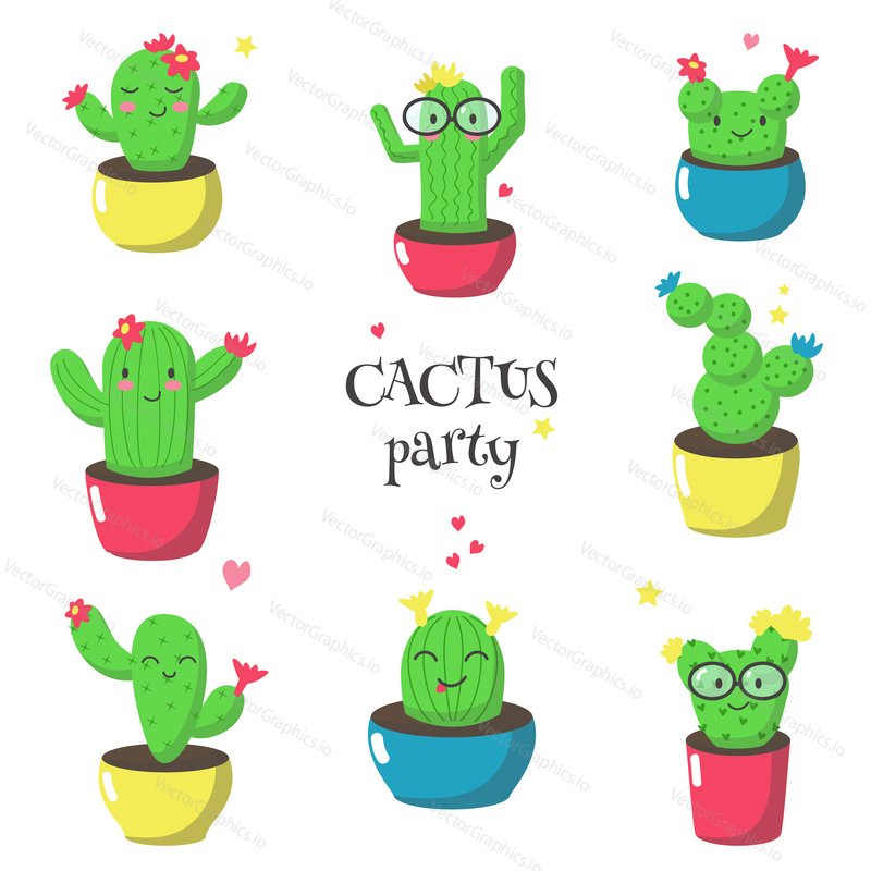 Cute cartoon cacti icon set. Vector illustration isolated on white background. Blooming cactuses with funny faces in pots for greeting card, invitation, poster, sticker, print.
