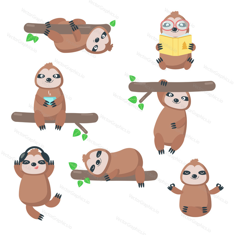 Cute sloth icon set. Vector illustration isolated on white background. Funny lazy sloths hanging upside down from branch, sleeping, reading book, listening to music, drinking tea, sitting in yoga pose