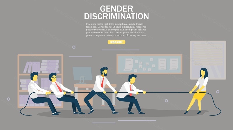 Gender discrimination web banner design template. Vector illustration of strong woman pulling rope with four men. Feminism concept.