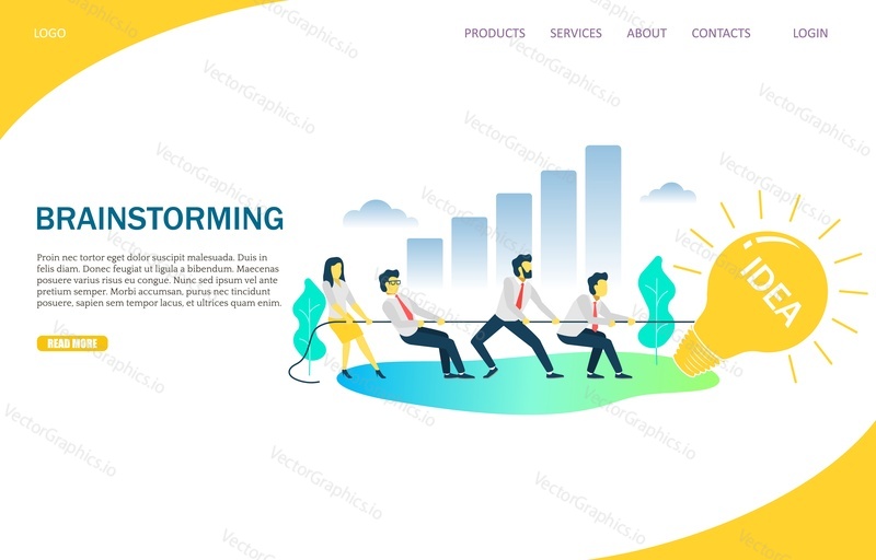 Brainstorming vector website template, web page and landing page design for website and mobile site development. Business team pulling lightbulb on rope. Business idea brainstorm and solution concept.
