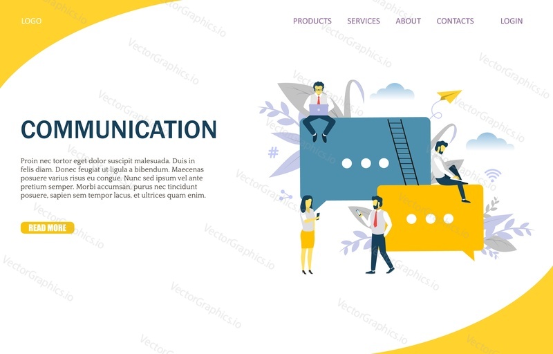Communication vector website template, web page and landing page design for website and mobile site development. Group of people using digital devices with communications app for messaging.