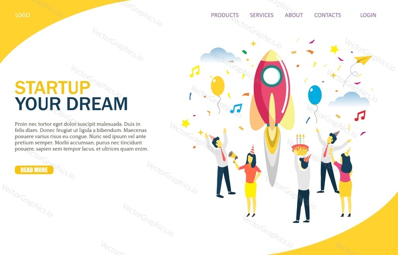 Startup vector website template, web page and landing page design for website and mobile site development. Business team celebrating business project rocket launch. Startup your dream concept.