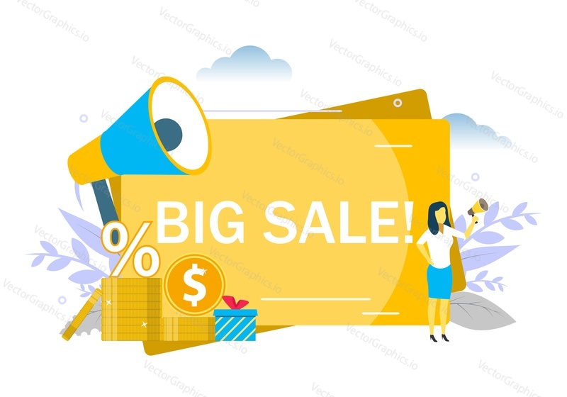 Big sale announcement, woman speaking through megaphone, gift boxes, dollar coins. Vector flat illustration for web banner, website page etc. Special offer discount promotion.
