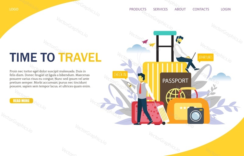 Travel vector website template, web page and landing page design for website and mobile site development. Time to travel, business air trip concept.