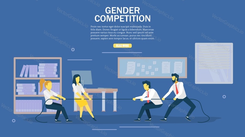 Gender competition web banner design template. Business people pulling rope. Vector flat style design illustration. Men vs women corporate war, contest concept.