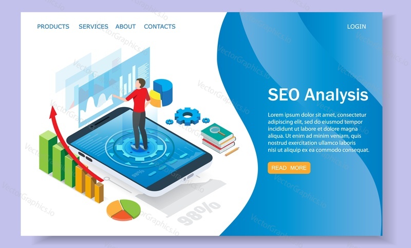 SEO analysis landing page template for website and mobile site development. Vector isometric illustration. Web analytics, seo analysis app web page concept.