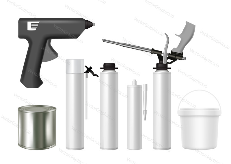 Building tools and construction foam, sealant, glue containers. Vector realistic illustration isolated on white background. Building material packaging mockup set.