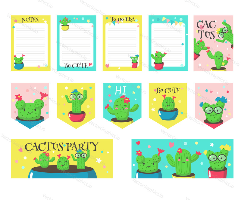 Vector set of cards, gift tags, party pennants, notepad sheets with cute cacti and inspirational quotes. Blooming cartoon cactuses with funny faces in pots on color background with dots, hearts, stars