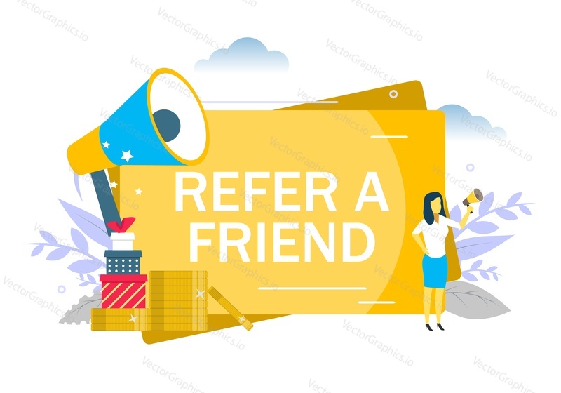 Refer a friend, woman speaking through megaphone. Vector flat style design illustration for web banner, website page etc. Referral messaging, customer referral program concepts.