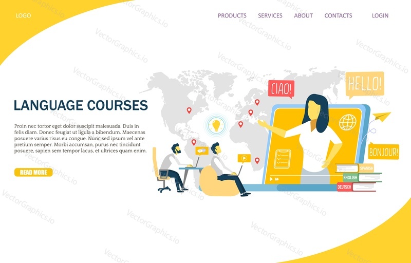 Language courses vector website template, web page and landing page design for website and mobile site development. Online language learning concept.