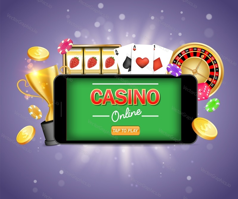 Mobile gambling vector poster banner design template. Smartphone, casino roulette wheel, playing cards, slot game, poker chips, dice, golden dollar coins and trophy cup. Casino mobile app.