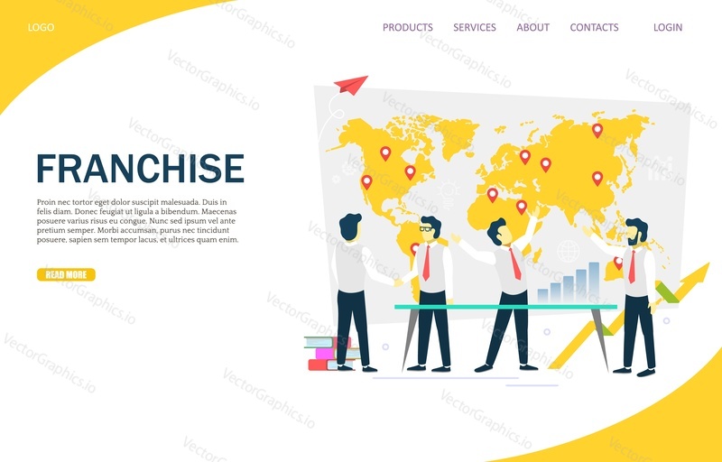 Franchise vector website template, web page and landing page design for website and mobile site development. Franchising and branch network concept.
