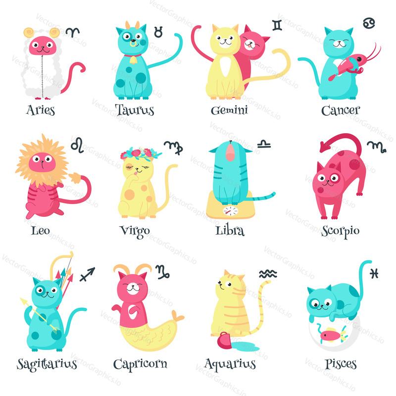 Cute cat zodiac signs, vector illustration isolated on white background. Twelve funny cats astrological signs Aries Taurus Gemini Cancer Leo Virgo Libra Scorpio Sagittarius Capricorn Aquarius Pisces.