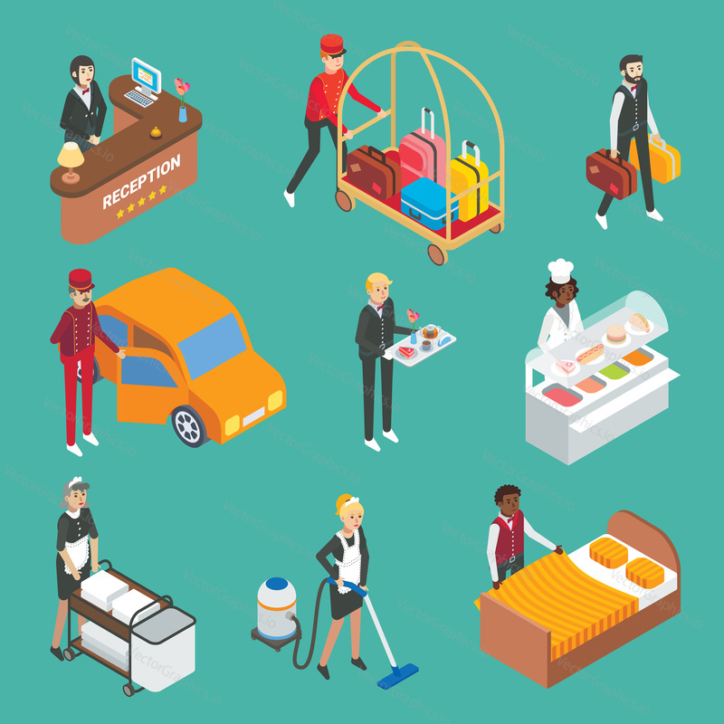 Vector illustration of hotel service workers receptionist, chambermaid, porter, doorman, cleaning lady, guest male etc. Hotel people icon set, isometric view, flat style design.