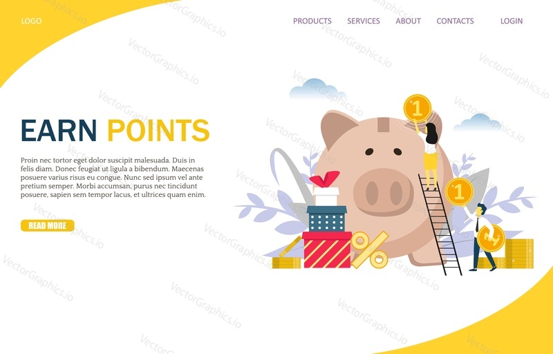 Earn points vector website template, web page and landing page design for website and mobile site development. Customer reward loyalty program concept.