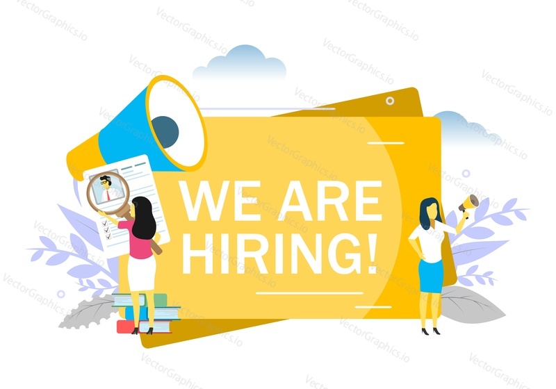 We are hiring, women speaking through megaphone, learning cv with magnifying glass. Vector flat style design illustration for web banner, website page etc. Job offer and recruitment ads concept.