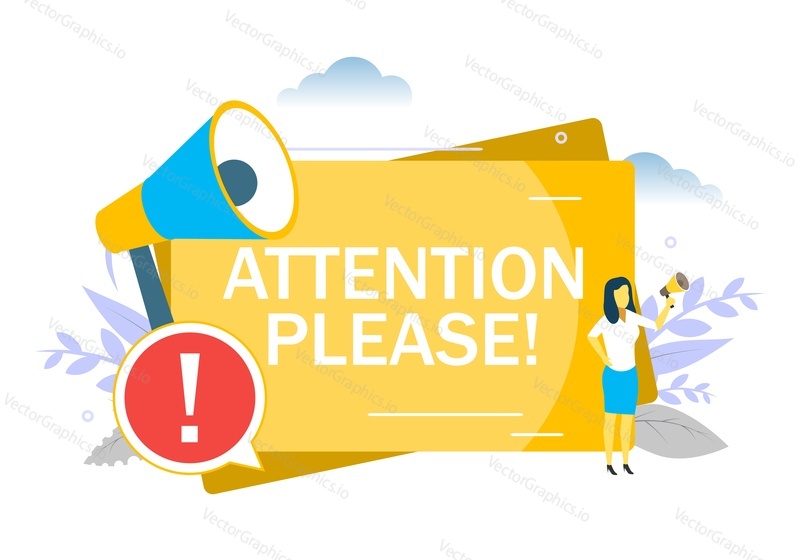 Attention please announcement, woman speaking through megaphone, exclamation point, vector flat illustration. Be careful, important information requiring attention concept for web banner, website page