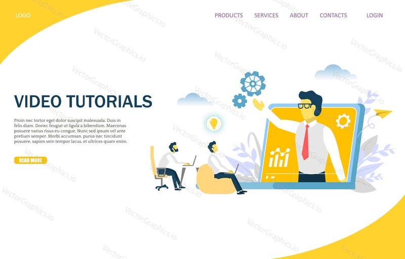 Video tutorials vector website template, web page and landing page design for website and mobile site development. Webinar, web tutorials concept.