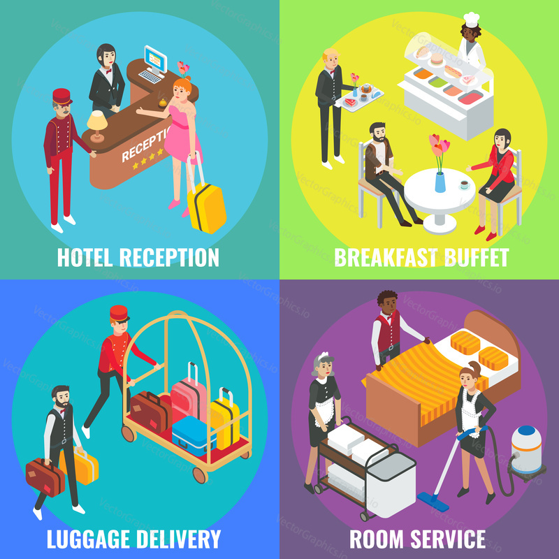 Hotel service vector flat isometric poster, banner set. Hotel reception, Breakfast buffet, Luggage delivery, Room service concept design elements.