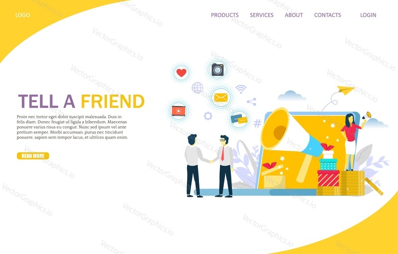 Tell a friend vector website template, web page and landing page design for website and mobile site development. Customer referral program, referral marketing concepts.