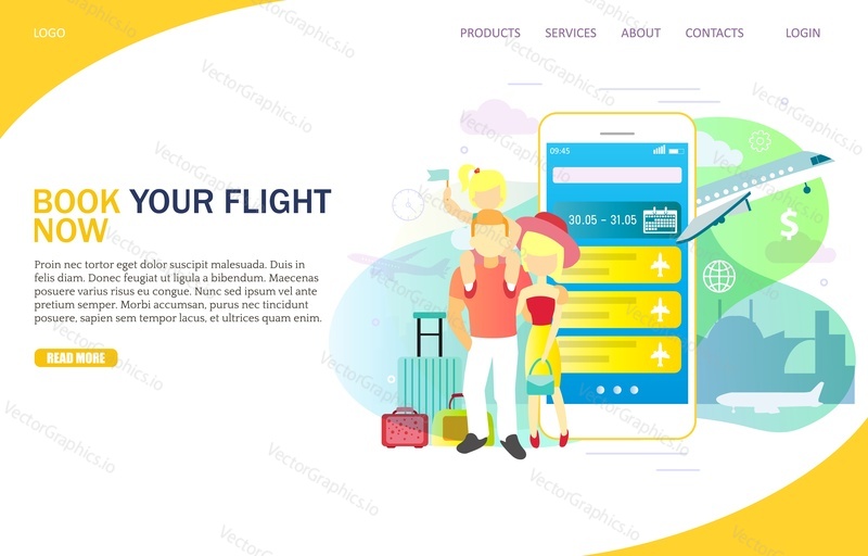 Book your flight now vector website template, web page and landing page design for website and mobile site development. Mobile phone bookings for airlines concept.