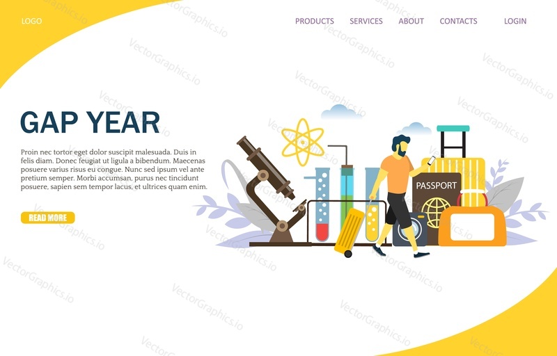 Gap year vector website template, web page and landing page design for website and mobile site development. Sabbatical year or time of rest, study or travel concept.