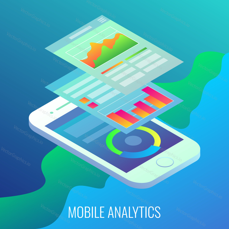 Mobile analytics concept vector flat isometric illustration. Smartphone with charts on screen. Process of monitoring and collecting the data that take place on mobile websites.