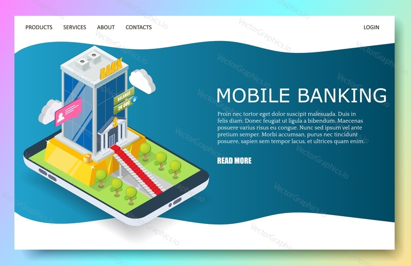 Mobile banking landing page template for website and mobile site development. Vector isometric smartphone with bank app. Online bank services web page concept.