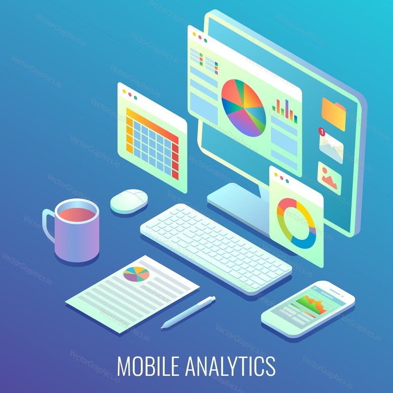 Mobile web analytics concept vector flat isometric illustration. Mobile analytics process of monitoring and collecting the data via desktop computer and smartphone.