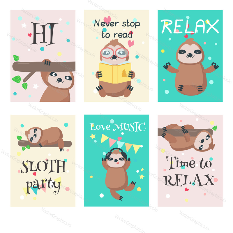 Vector set of cards with cute sloths and quotes. Lazy jungle animals cartoon characters hanging upside down, sleeping, reading book, listening to music, sitting in yoga pose.