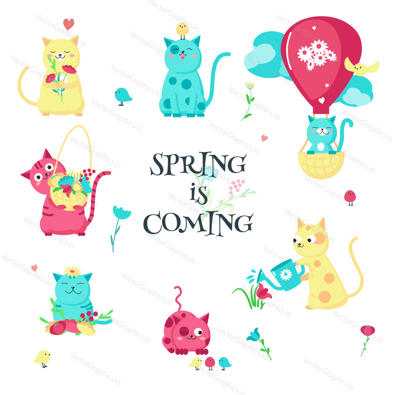 Cute cats with spring flowers and birds. Vector illustration isolated on white background. Happy funny kittens for greeting card, invitation, sticker, poster, print.