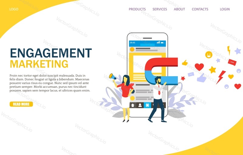 Engagement marketing vector website template, web page and landing page design for website and mobile site development. Influence marketing, customer engagement, consumer attraction strategy concepts.