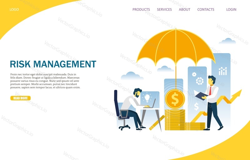 Risk management vector website template, web page and landing page design for website and mobile site development. Process of identifying, monitoring and managing potential risks.