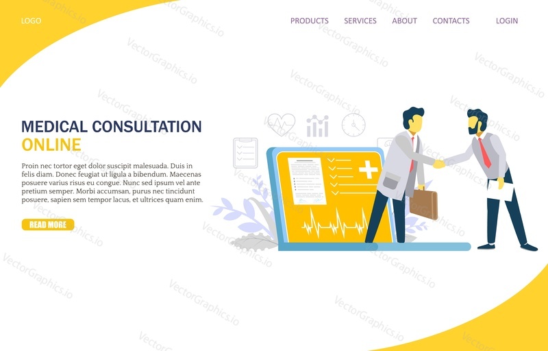 Векторный шаблон веб-сайта онлайн-медицинской консультации, дизайн веб-страницы и целевой страницы для разработки веб-сайтов и мобильных сайтов. Концепция онлайн-диагностики.