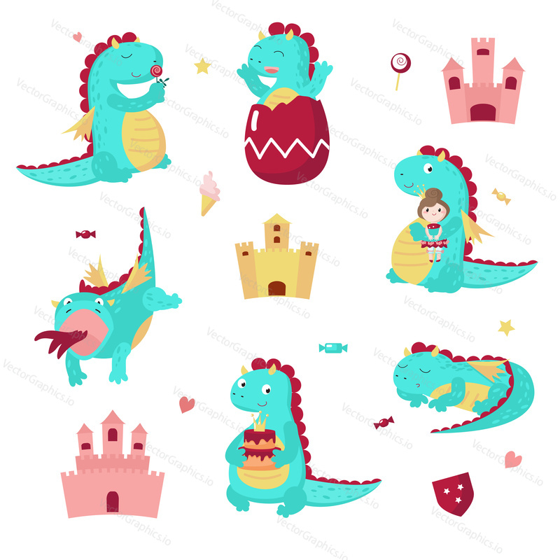 Cute dragon icon set, vector illustration isolated on white background. Fairytale medieval cartoon character. Funny mythical creature holding cake and little princess, eating lollipop, sleeping etc.