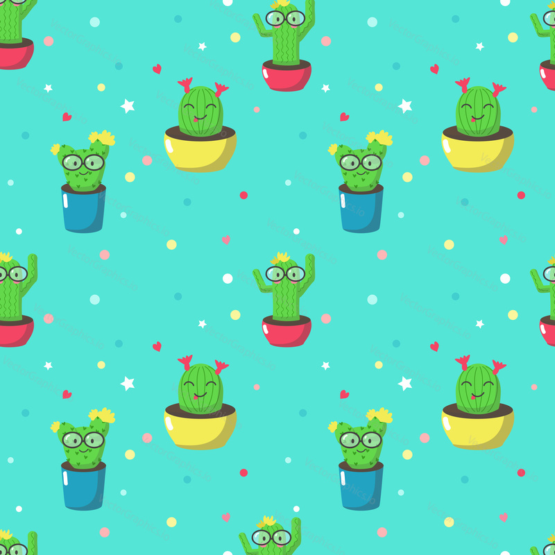 Vector seamless pattern with blooming cartoon cactuses with funny faces in pots. Cute cacti background, wallpaper, fabric, wrapping paper.