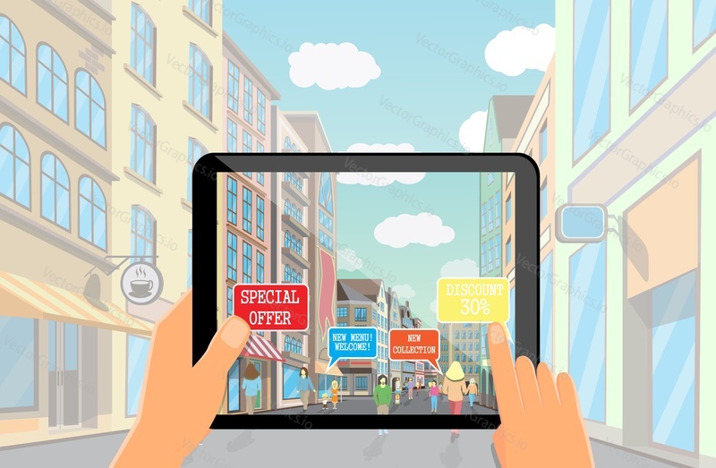 Augmented reality marketing technology vector illustration. Hands viewing city street using tablet with ar app that shows shops and information about new collections special offers discounts new menu.