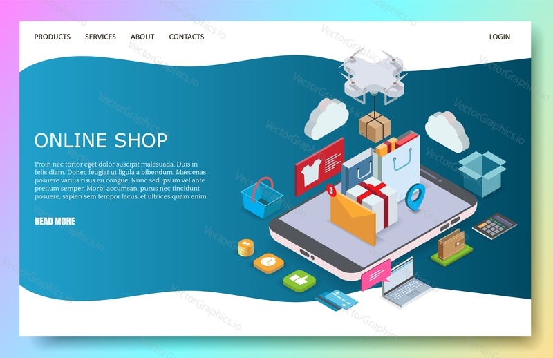 Online shop landing page template for website and mobile site development. Vector isometric illustration. Digital marketing, e-commerce, delivery service web page concept.