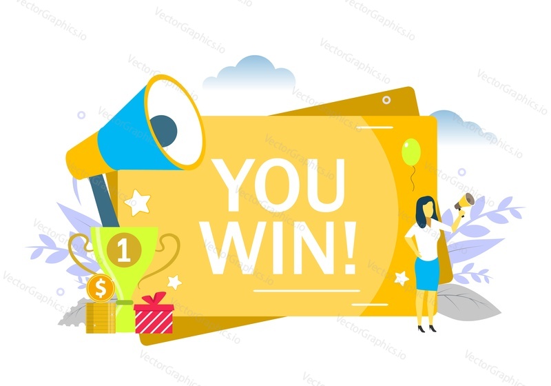 You win, woman speaking through megaphone. Vector flat illustration for web banner, website page etc.