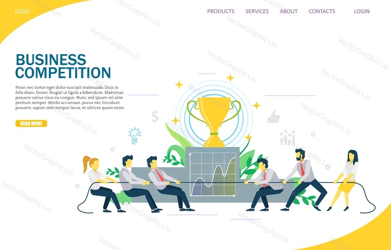 Business competition vector website template, web page and landing page design for website and mobile site development. Two business teams pulling opposite ends of rope. Corporate leadership concept.