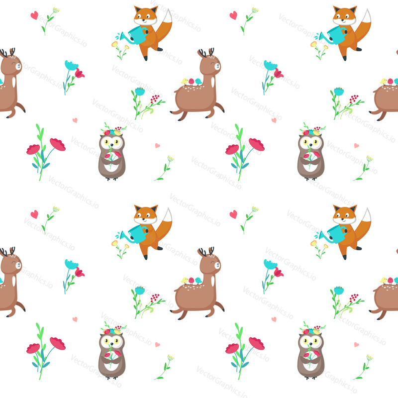 Vector seamless pattern with cute fox, deer and owl, spring flowers and birds. Funny spring animals background, wallpaper, fabric, wrapping paper.
