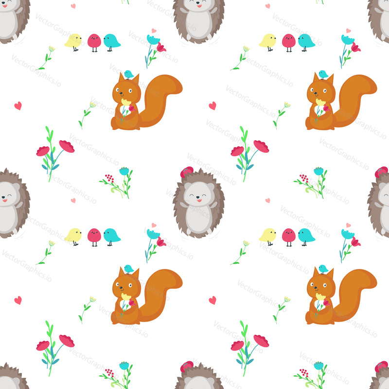 Vector seamless pattern with cute squirrel and hedgehog, spring flowers and birds. Funny spring animals background, wallpaper, fabric, wrapping paper.
