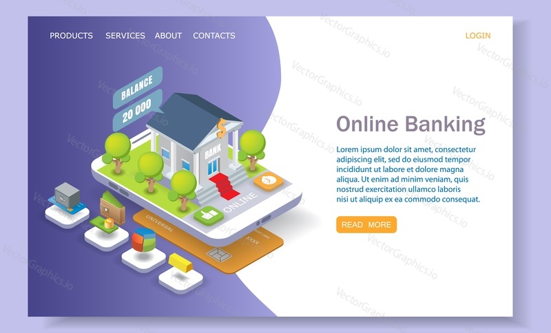 Online banking landing page template for website and mobile site development. Vector isometric illustration. Mobile banking and internet payments web page concept.
