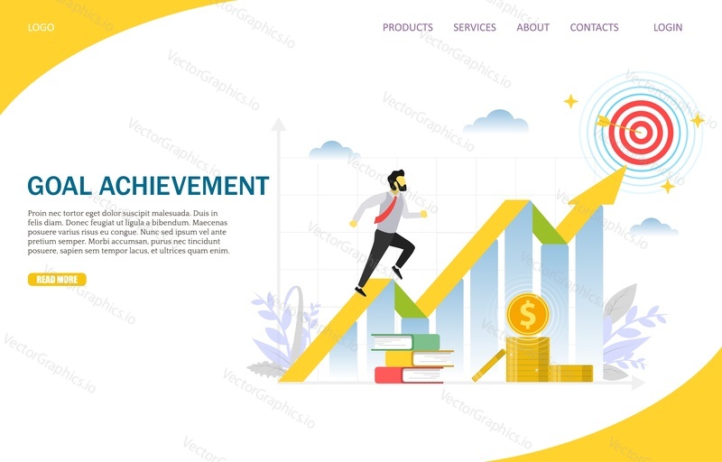 Goal achievement vector website template, web page and landing page design for website and mobile site development. Reach target concept.