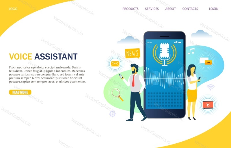 Voice assistant vector website template, web page and landing page design for website and mobile site development. Personal assistant, voice recognition, smart speaker concept.