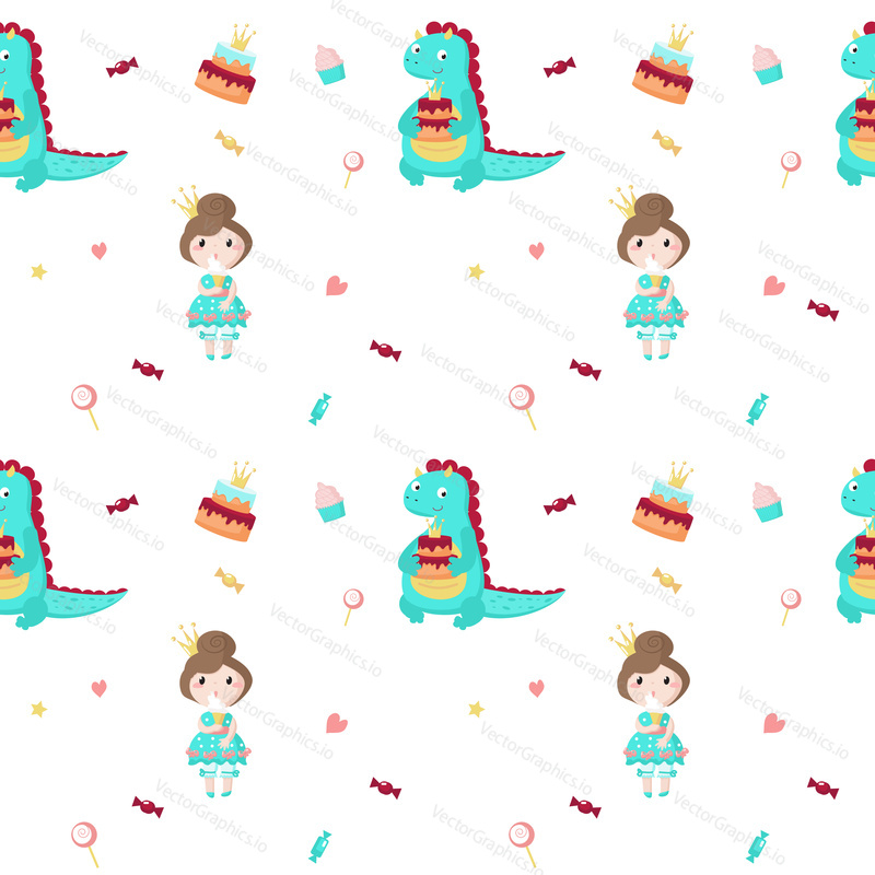 Vector seamless pattern with beautiful princess eating ice cream and cute mythical dragon holding cake. Medieval cartoon characters background, wallpaper, fabric, wrapping paper.