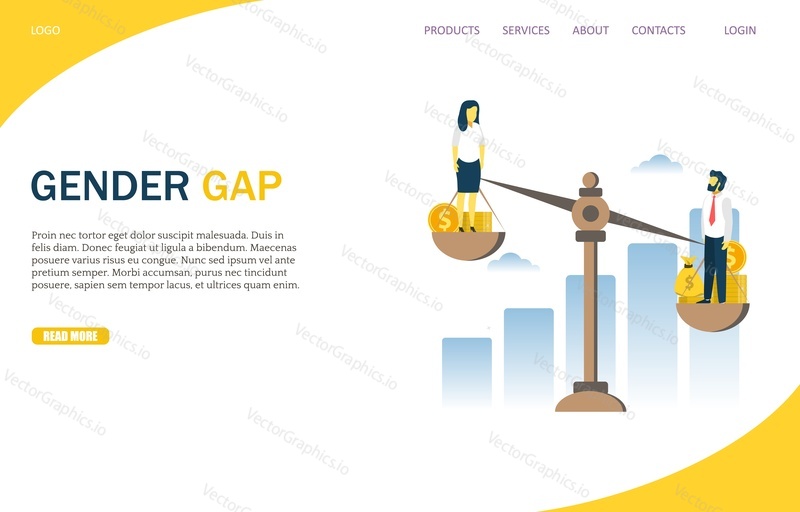 Векторный шаблон веб-сайта с гендерным разрывом, дизайн веб-страницы и целевой страницы для разработки веб-сайтов и мобильных сайтов. Мужчина и женщина, балансирующие на весах с деньгами. Гендерное неравенство в оплате труда, несправедливость.