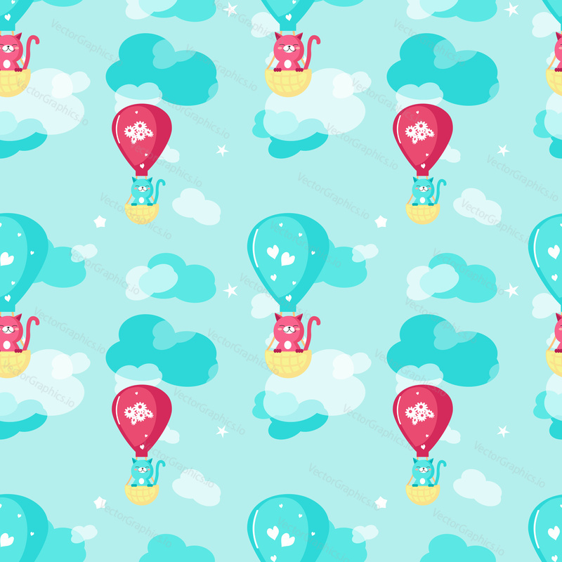 Vector seamless pattern with cute cats flying in hot air balloons in the sky. Funny spring cats background, wallpaper, fabric, wrapping paper.